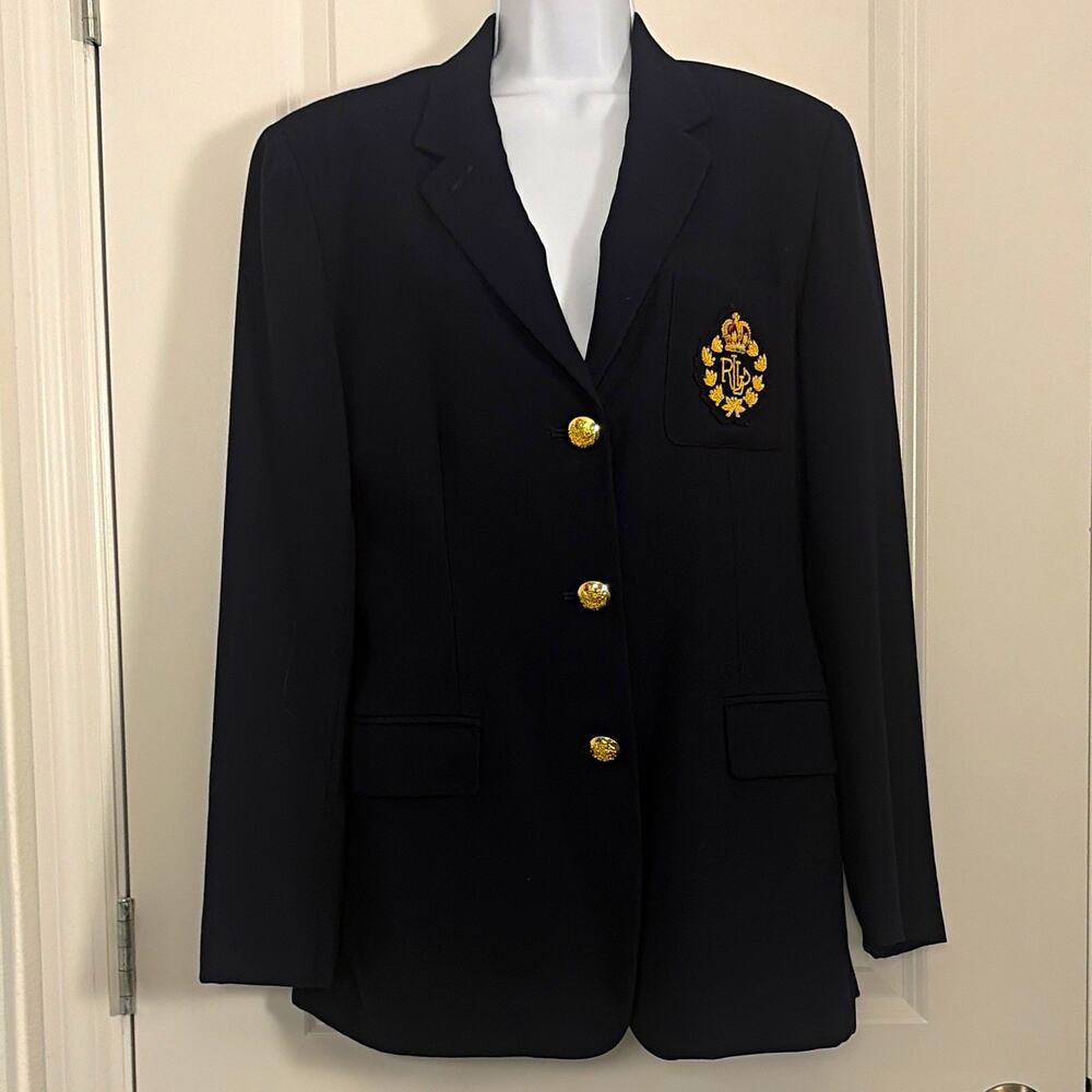 Vtg Lauren Ralph Lauren crest blazer wool gold Buttons 10made in USA old money